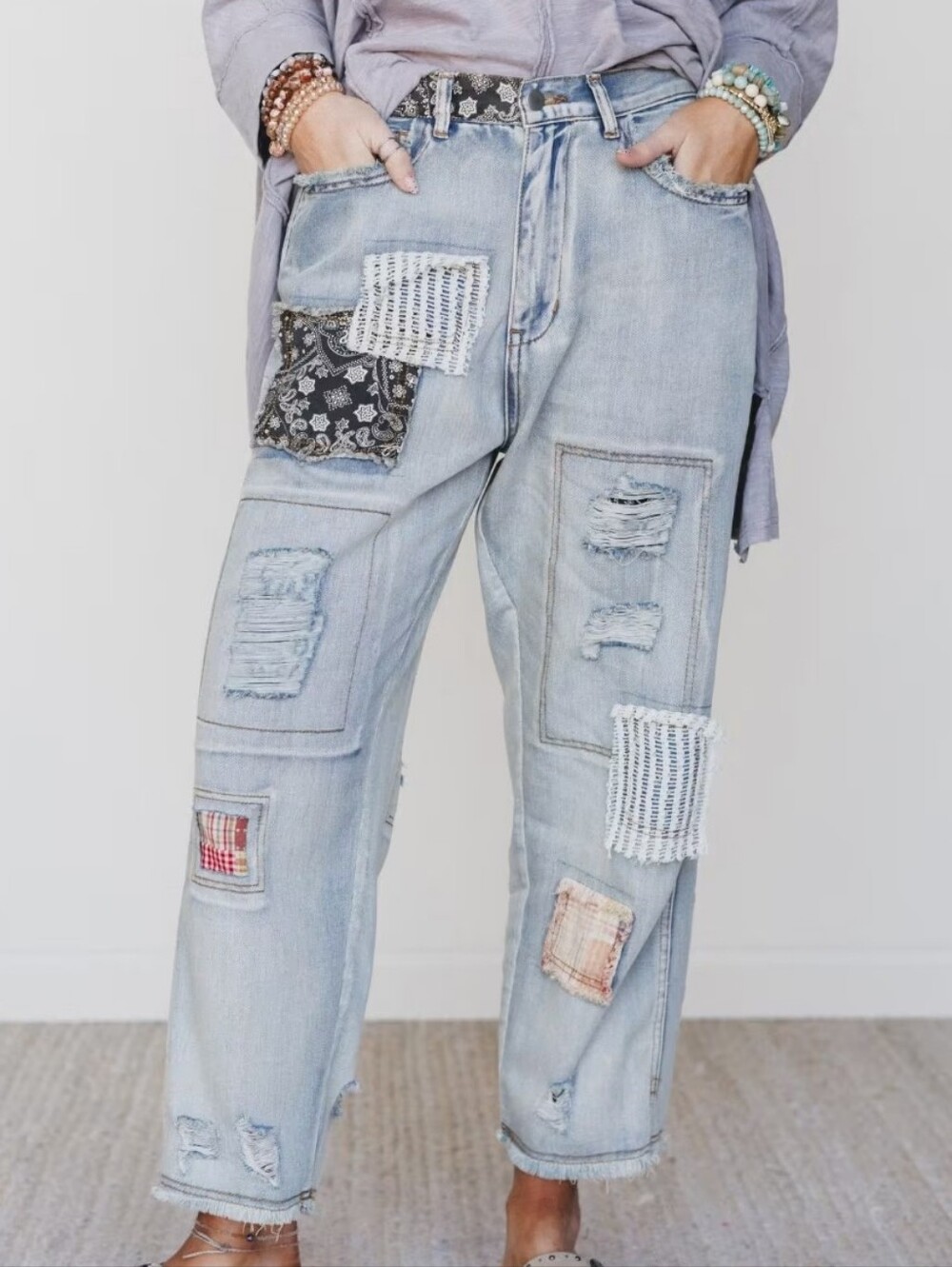POL Patchwork Mixed Media Wide Leg Jeans Light Wash Lace Paisley Womens L Boho